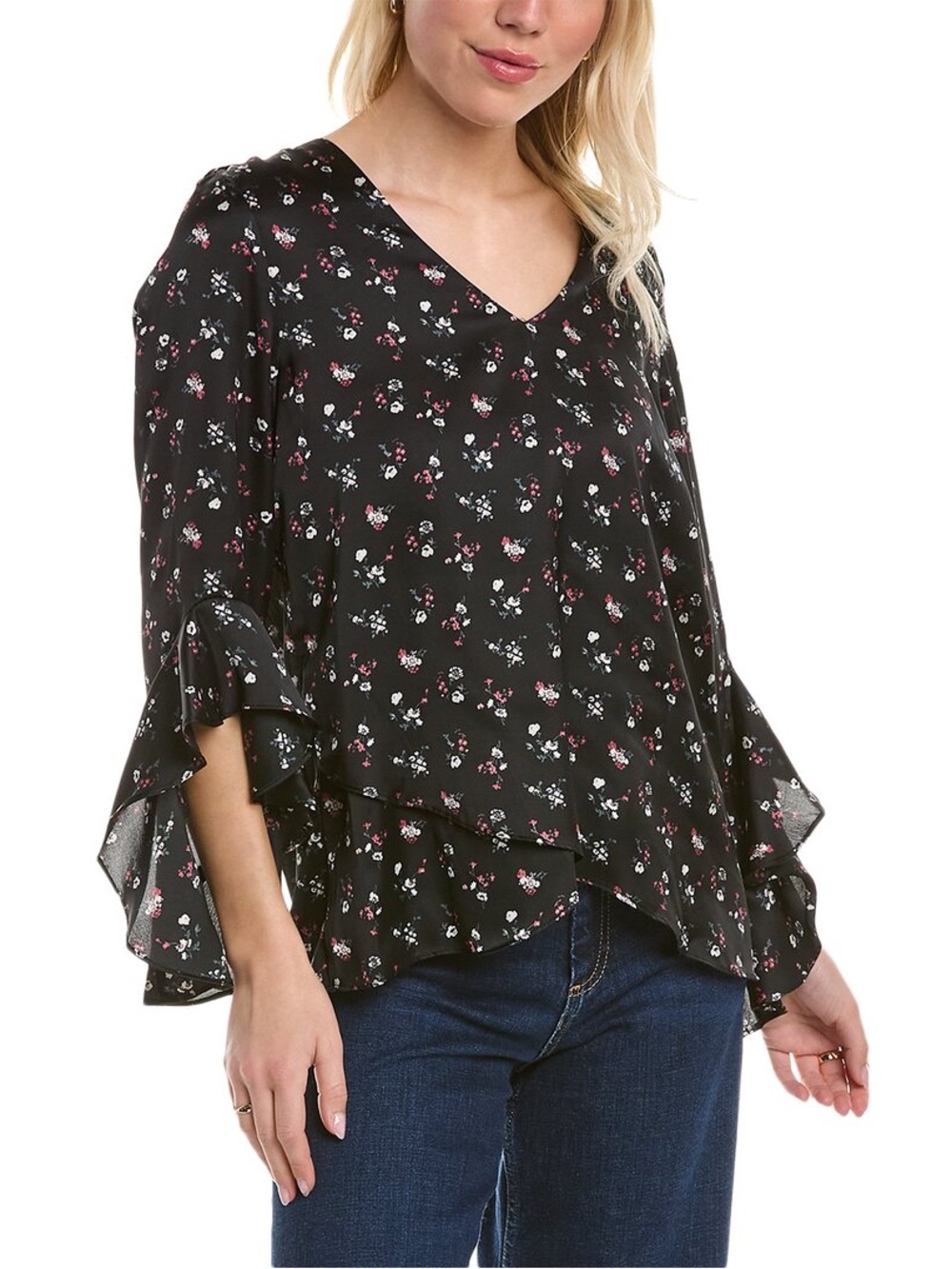 Vince Camuto Black Floral Print V-Neck Ruffled Flutter Sleeve Blouse Size S NWT